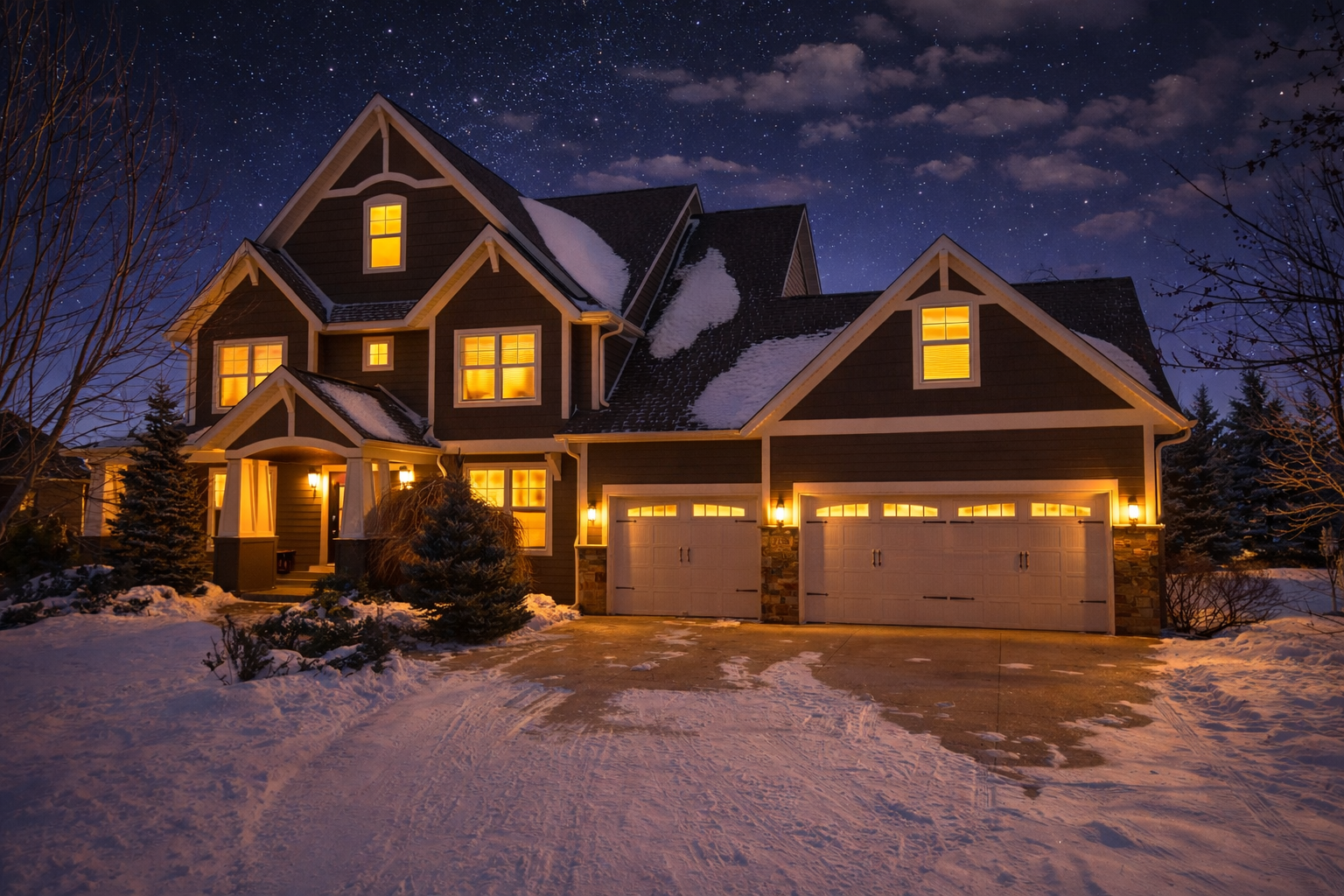AI twilight image of a snow-covered house and property for real estate photography.
