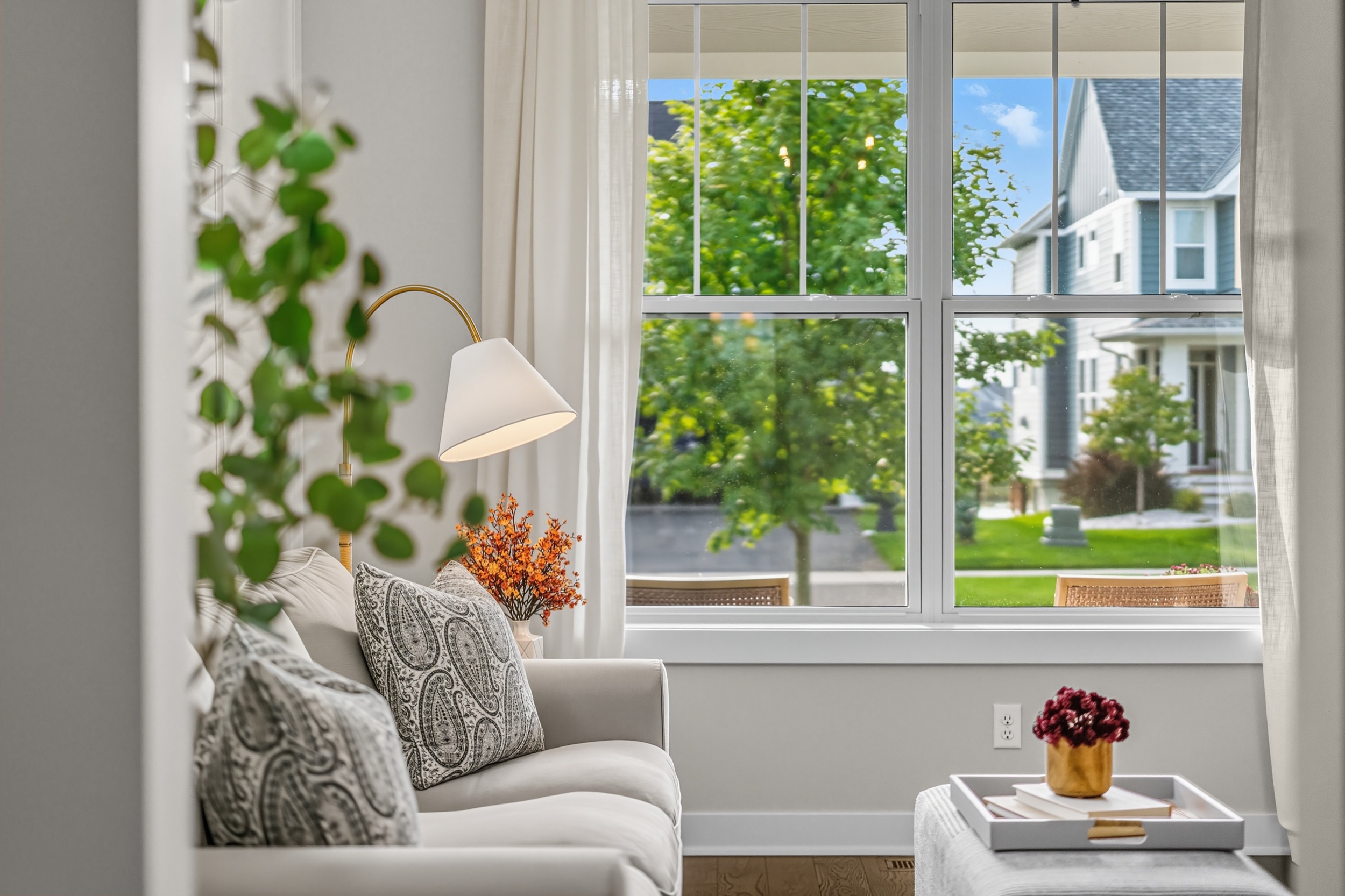 Interior real estate photography showcasing a bright living room and window view.