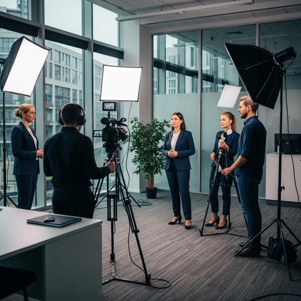 Real estate spokesperson and film crew filming video walkthrough in a business setting.