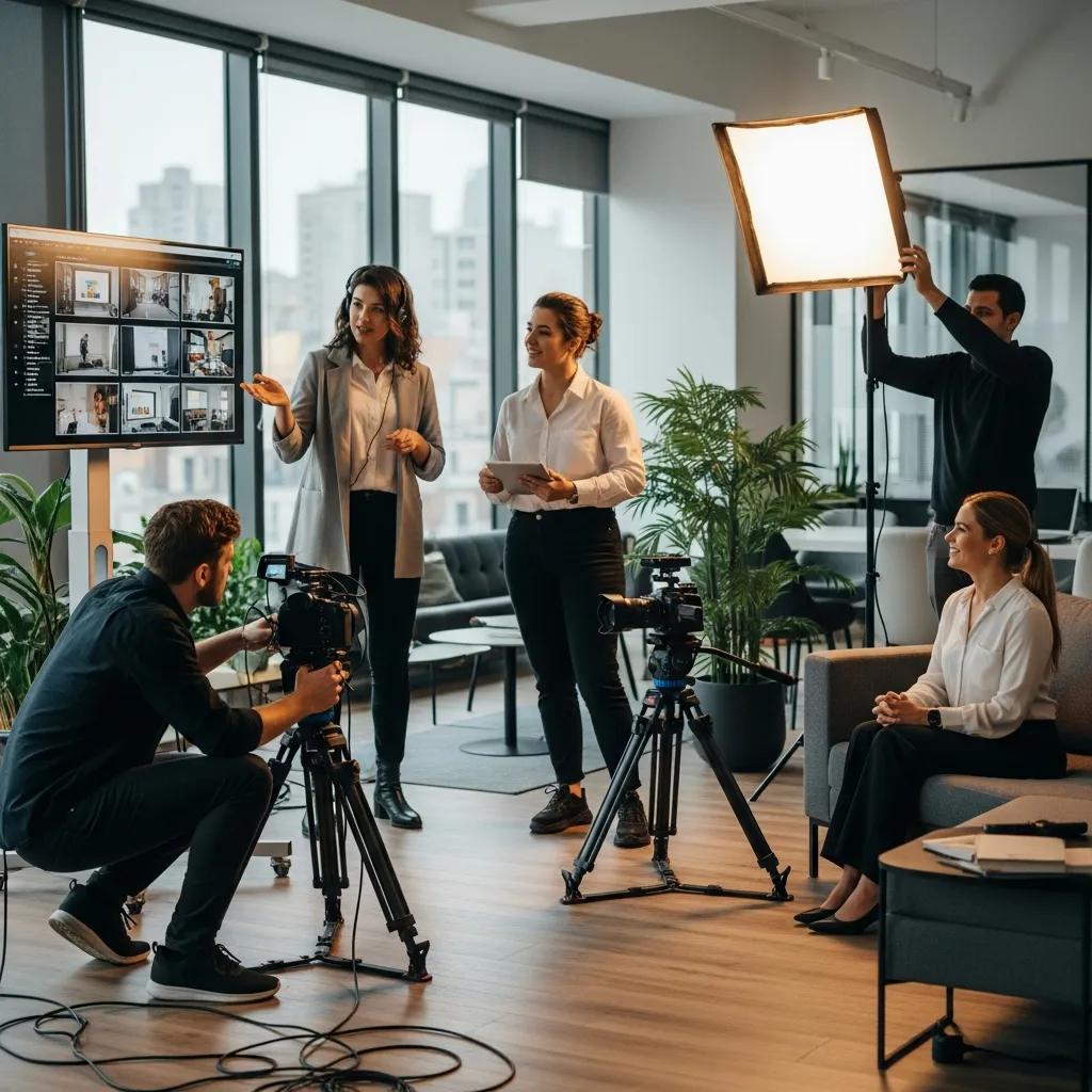 Video production team collaborating in modern office setting for corporate video creation.