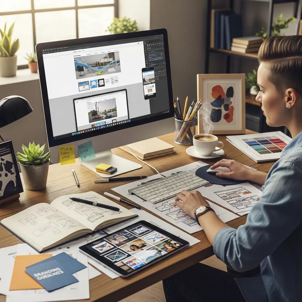 Web designer working on responsive real estate website design project in a creative workspace.