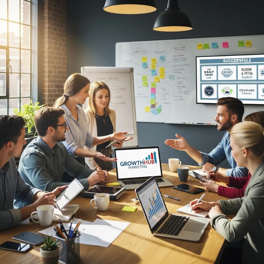 Digital marketing agency team collaborating in a creative workspace emphasizing local solutions and strategic branding.