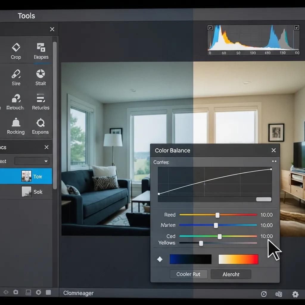 Real estate photo editing software interface with color balance adjustments and cropping tools.