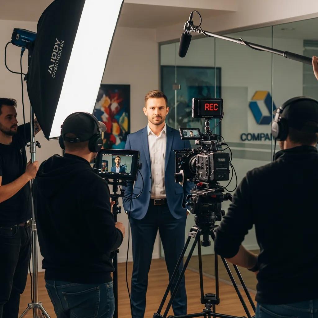 Filming a professional real estate video in an office setting, showcasing brand representation and quality photography.