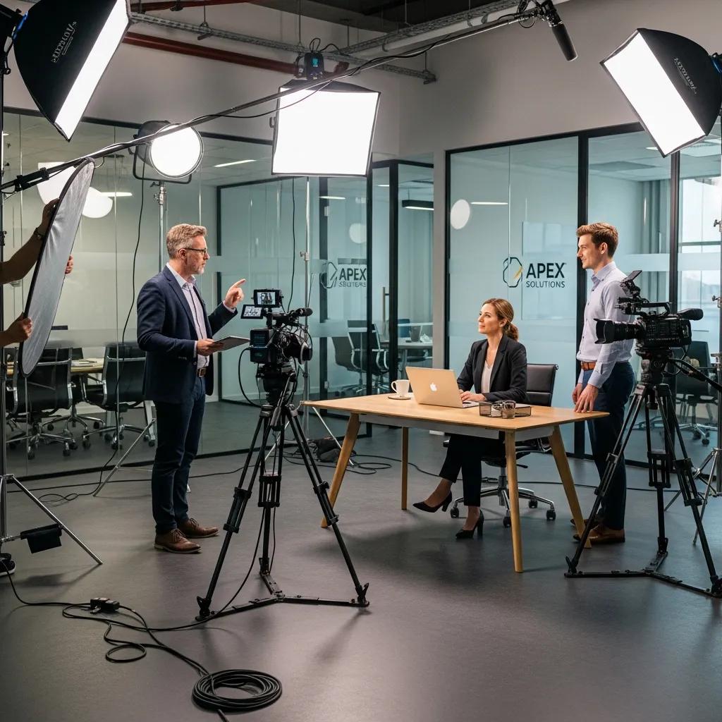 Filming a corporate video with director and actors showcasing brand visibility and company culture.