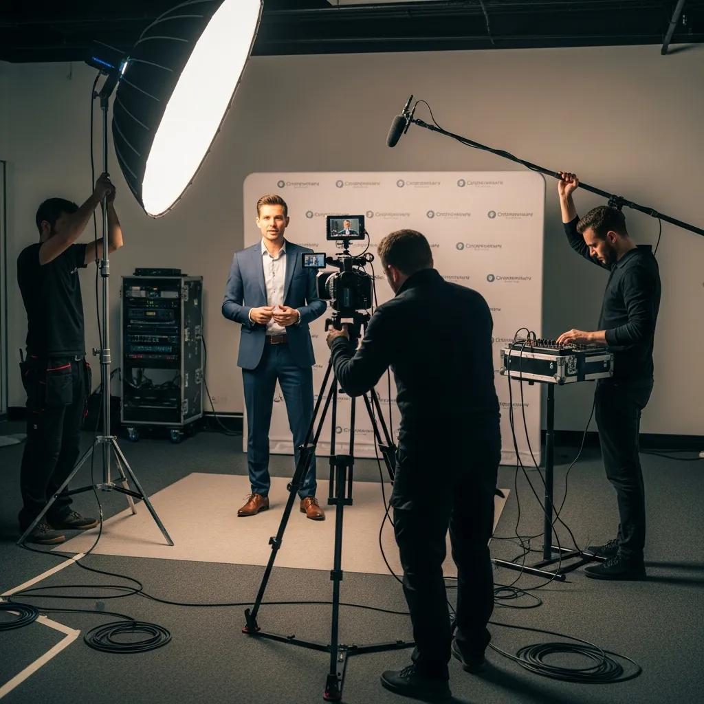 Filming a corporate video with spokesperson showcasing professionalism and brand storytelling.