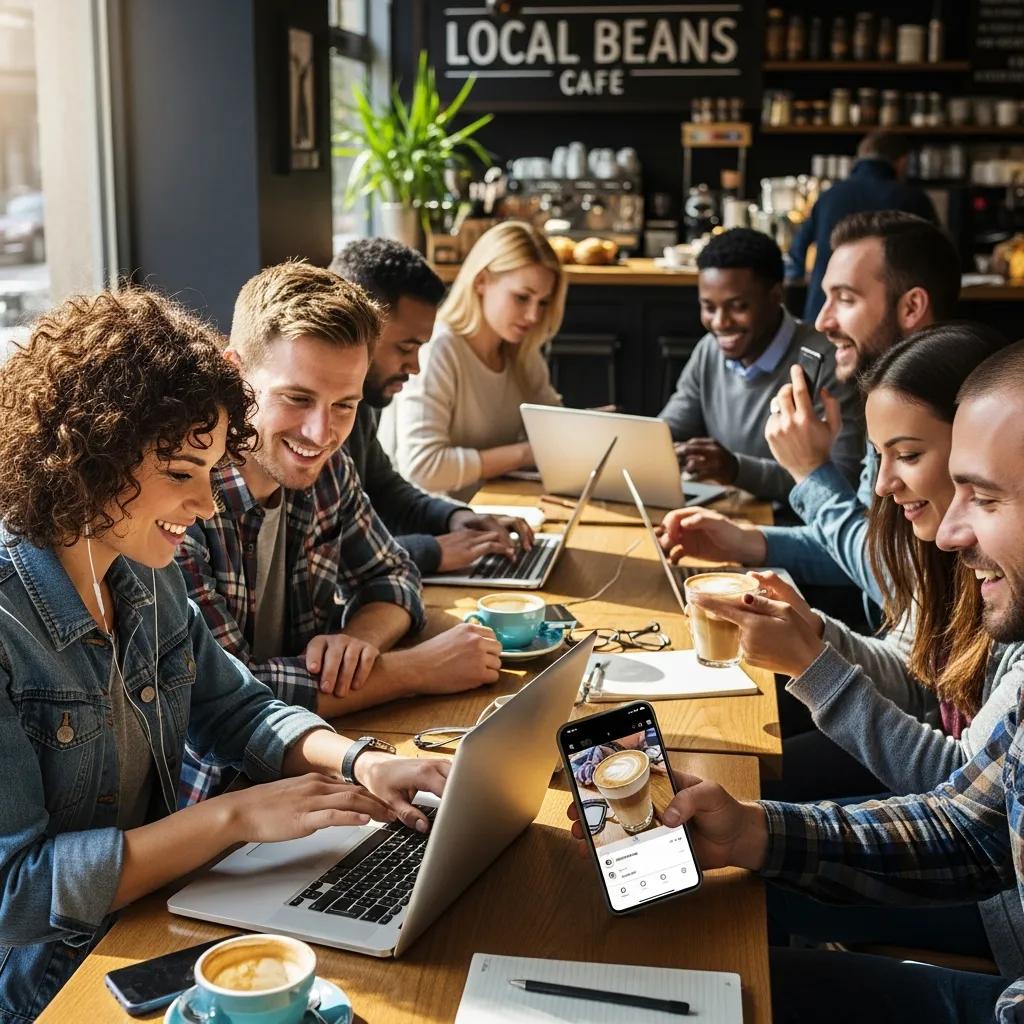 Group of people engaging with social media and laptops in a cafe, illustrating local marketing strategies.