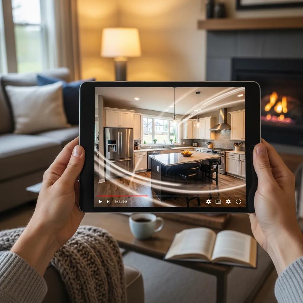 Hands holding tablet displaying engaging property listing video showcasing real estate content.