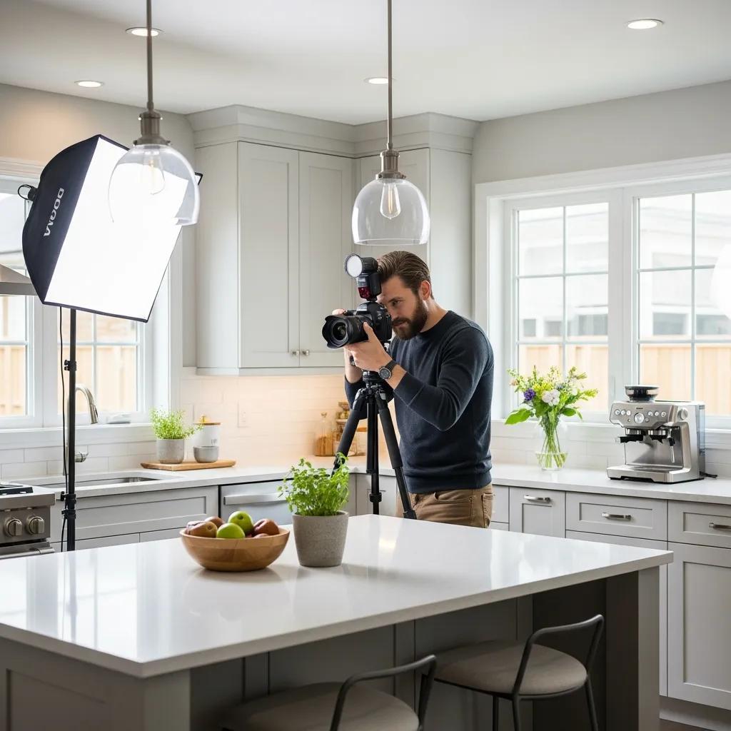 Real estate photographer capturing a well-lit kitchen with professional lighting equipment for property listing.
