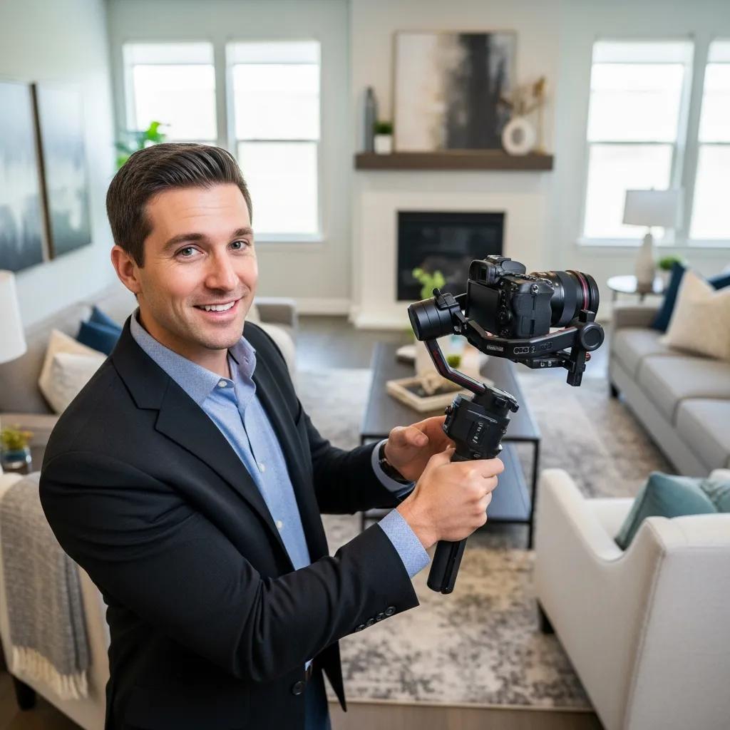 Real estate agent conducting virtual tour, showcasing video production strategies and property walkthroughs.