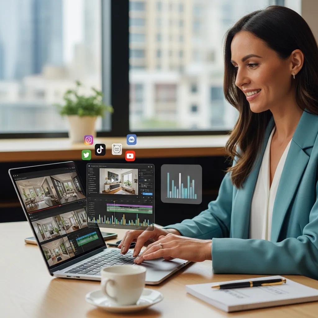 Real estate agent editing video content for social media engagement and audience reach.