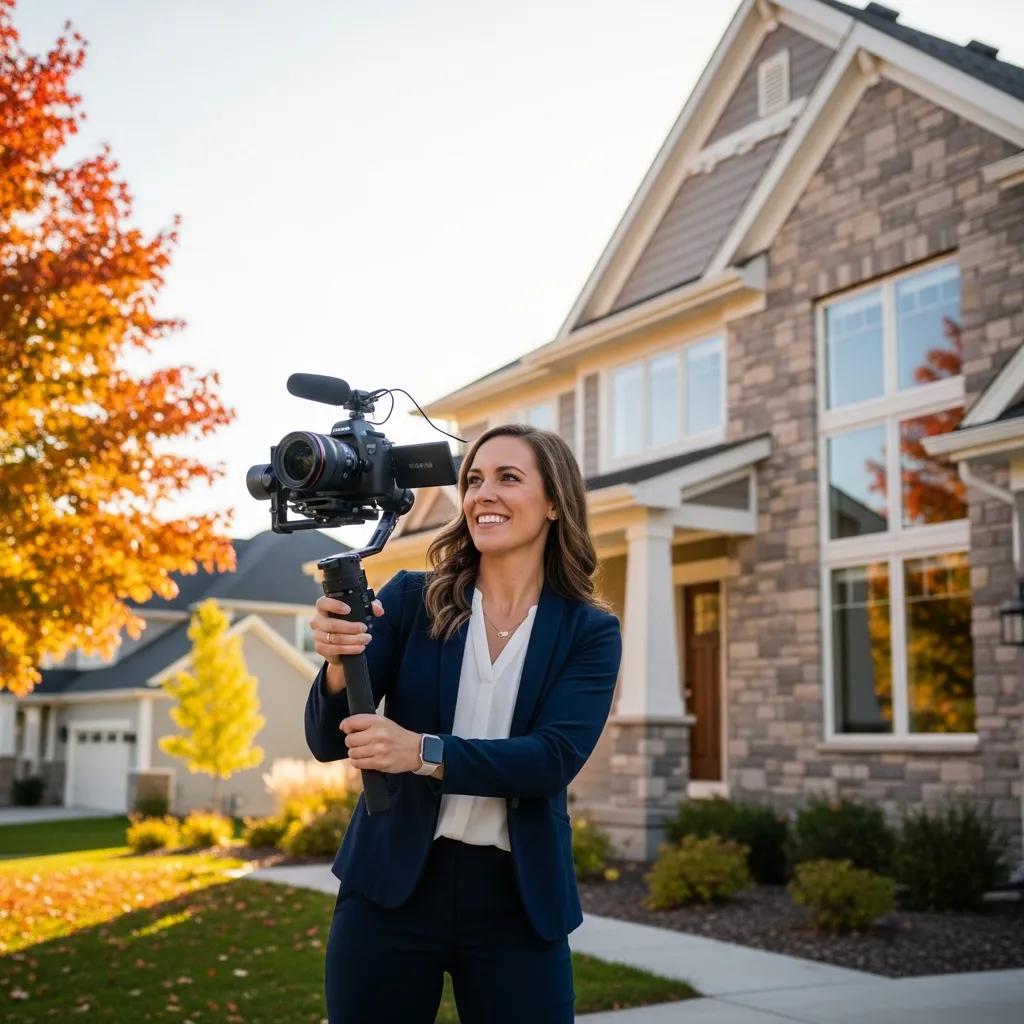 Real estate agent filming property in Maple Grove with video production equipment for digital marketing.