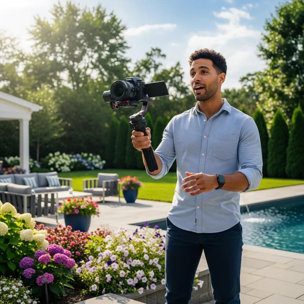 Real estate agent filming property tour video in landscaped backyard.