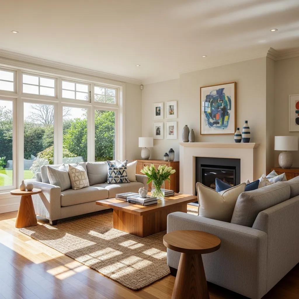 Staged living room with natural light showcasing real estate photography and interior design.
