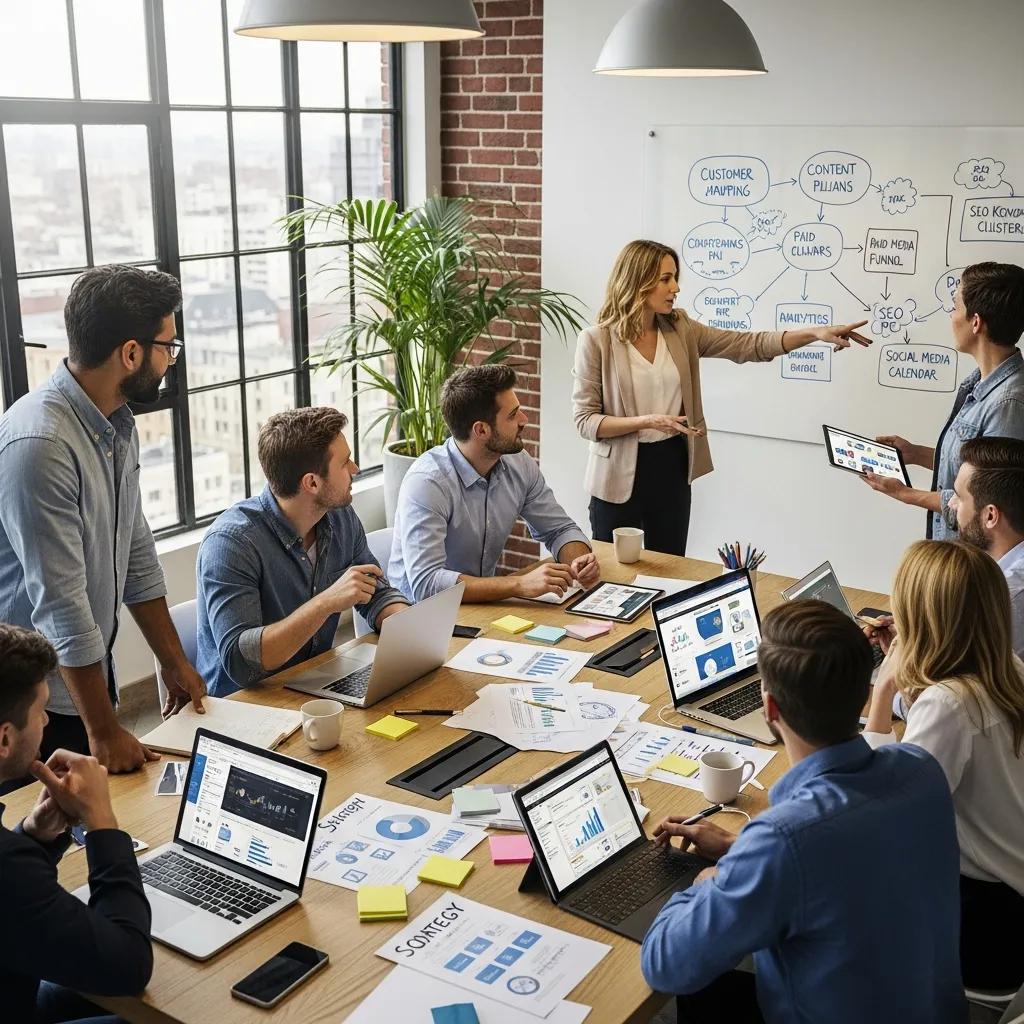 Real estate team brainstorming digital marketing strategies in a modern office setting, developing listing media and SEO campaigns.