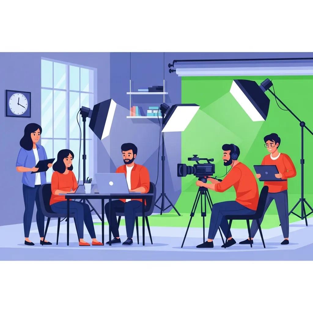Video production team collaborating in a modern studio for digital marketing services and luxury listing photography.