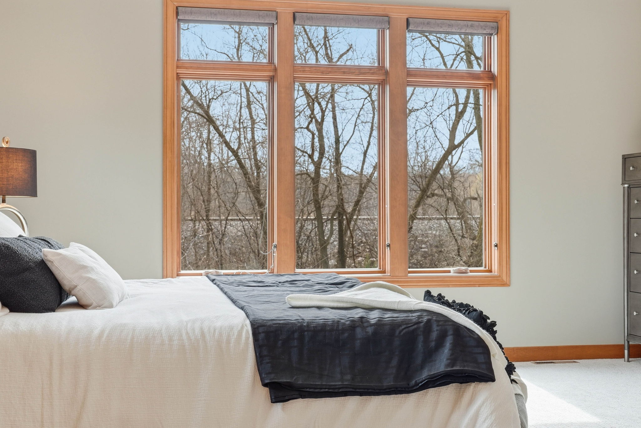 Large window view of wooded landscape in Arden Hills home for sale.