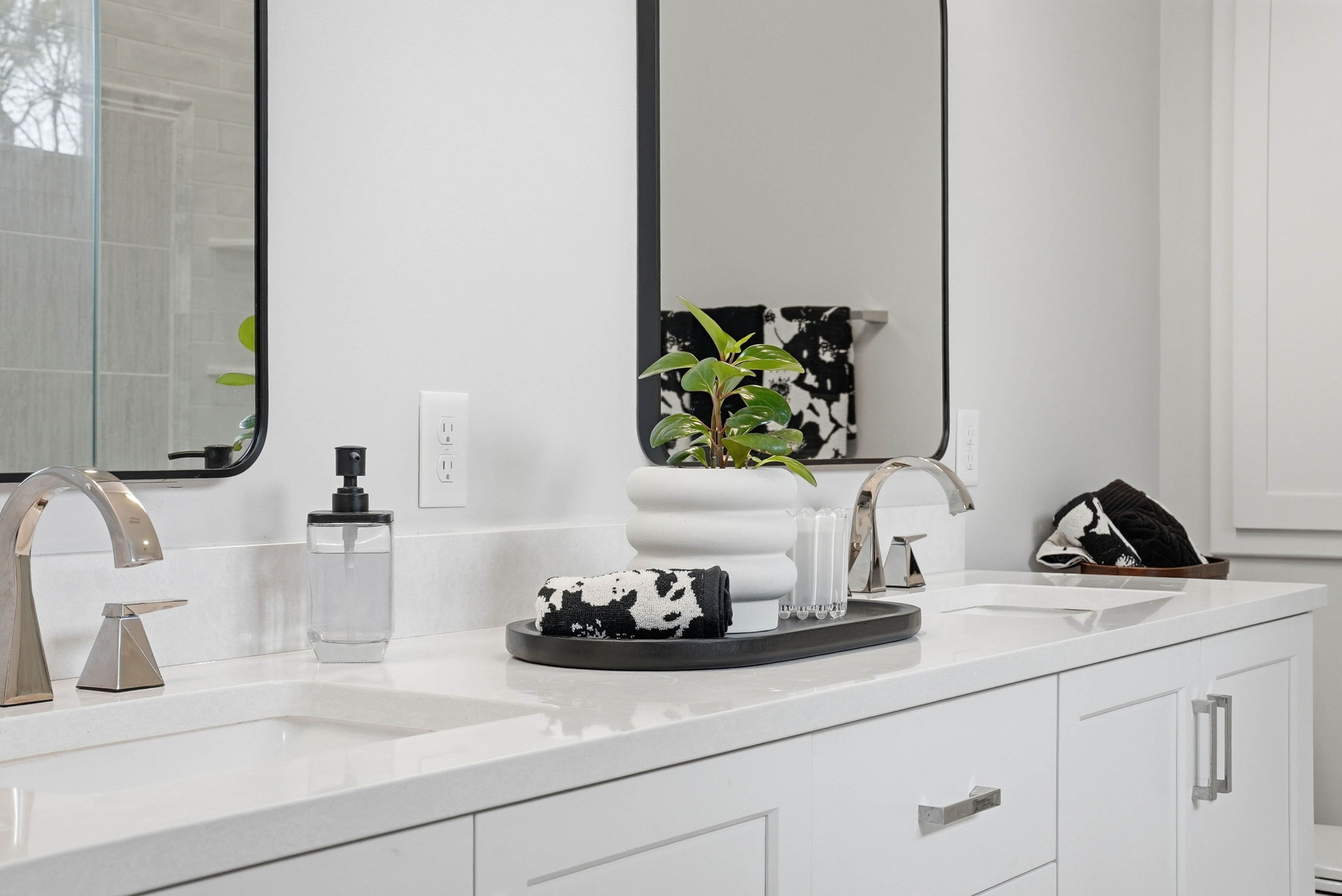 Remodeled bathroom vanity with modern fixtures and decorative plant, Arden Hills real estate listing.