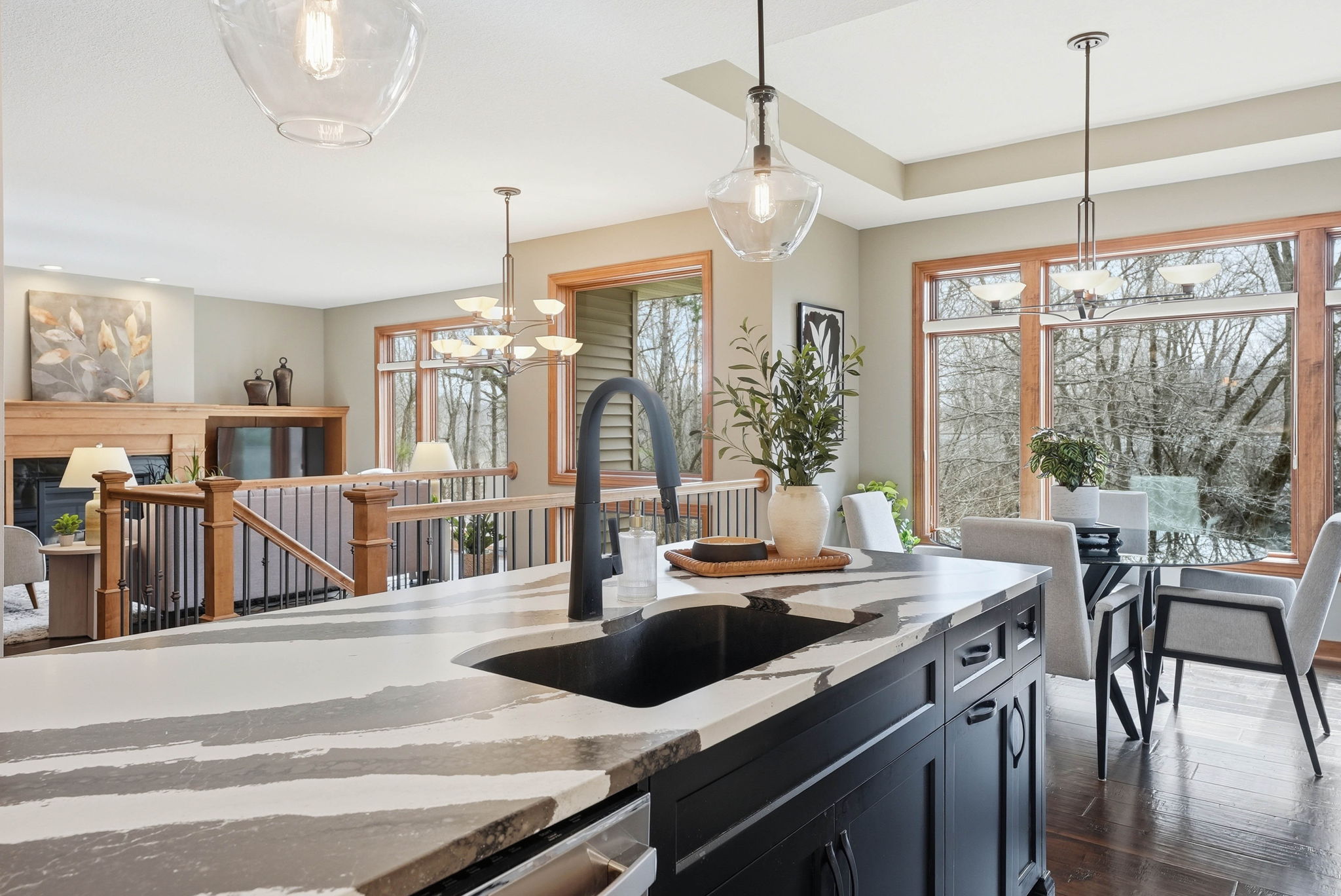 Remodeled kitchen with modern island and view of Arden Hills home interior.