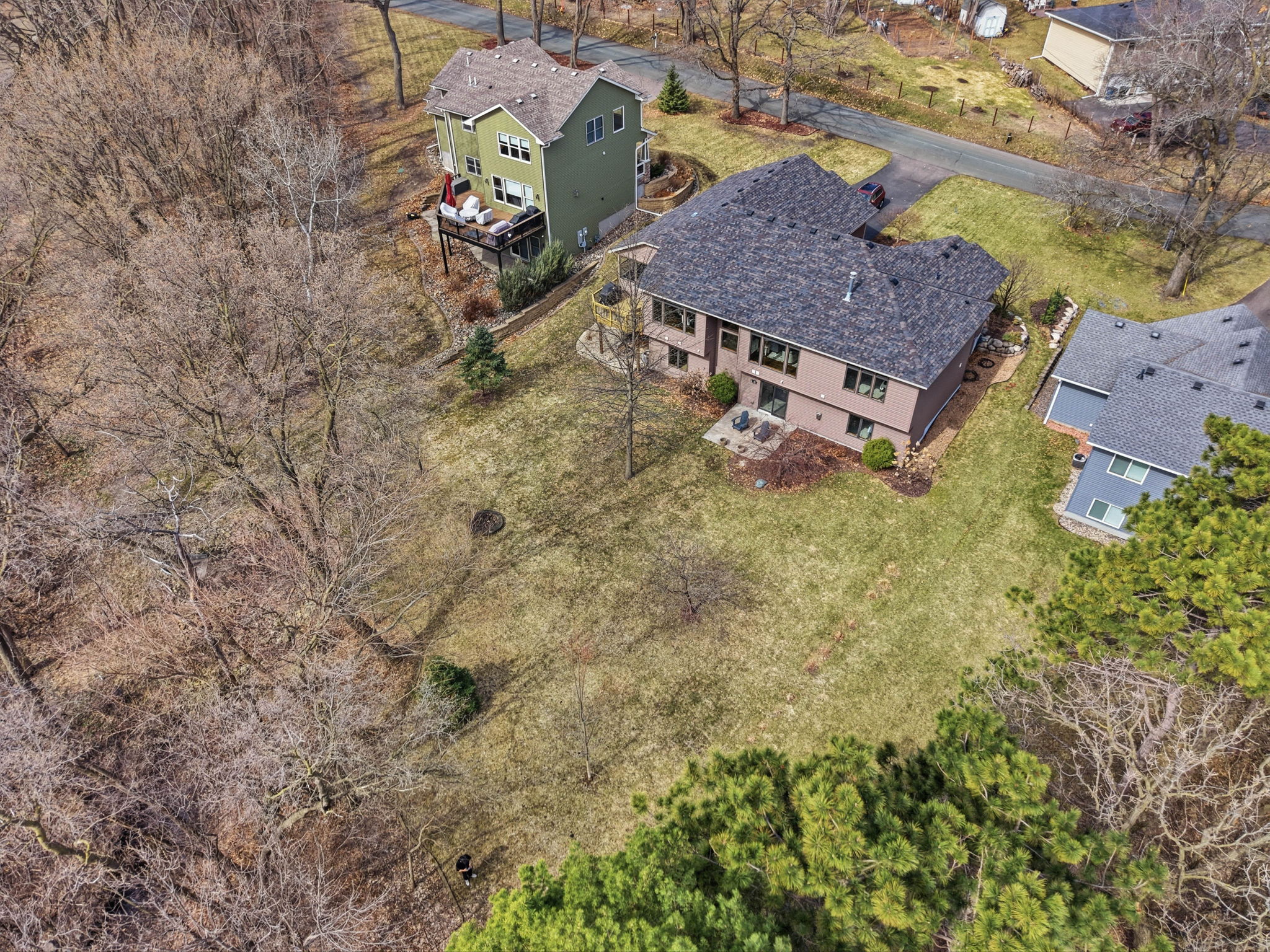 Aerial view of walkout rambler home in Arden Hills, MN and expansive backyard with no rear neighbors.